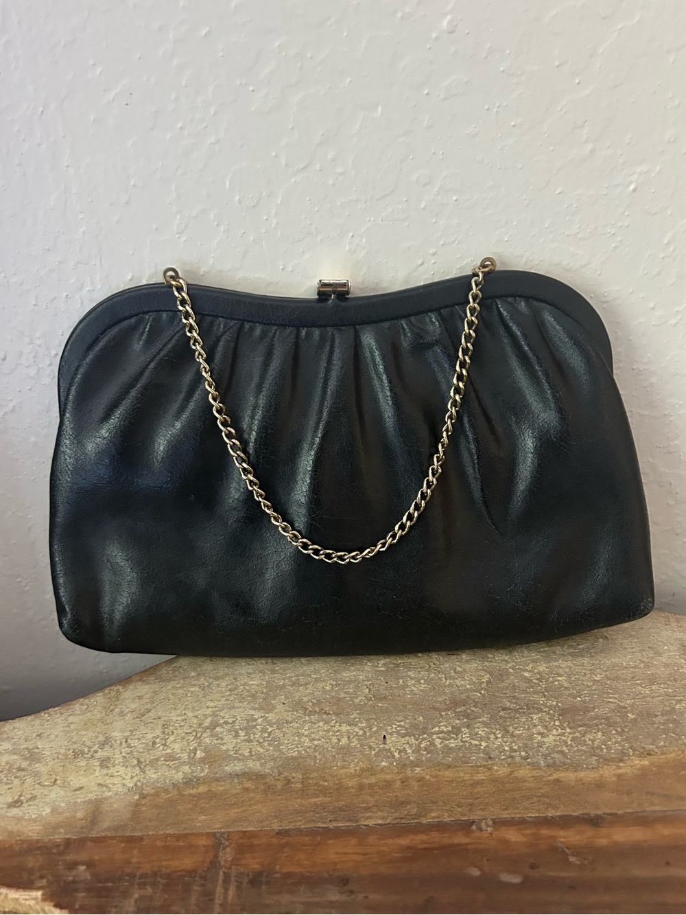 Vintage Black Leather Clutch Handbag with Gold Chain